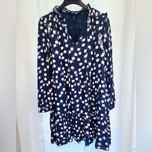 J.Crew Tie-Neck Tiered Dress L Navy Floral Knee Length Casual Women's